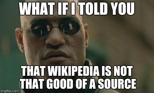 Matrix Morpheus Meme | WHAT IF I TOLD YOU THAT WIKIPEDIA IS NOT THAT GOOD OF A SOURCE | image tagged in memes,matrix morpheus | made w/ Imgflip meme maker