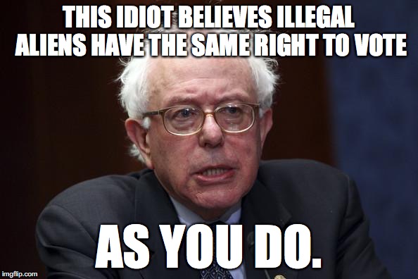 They don't call him "Crazy Uncle Bernie" for nothing, folks.  | THIS IDIOT BELIEVES ILLEGAL ALIENS HAVE THE SAME RIGHT TO VOTE; AS YOU DO. | image tagged in bernie sanders,illegal aliens,president,2016,socialism | made w/ Imgflip meme maker