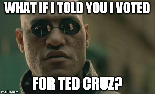 Matrix Morpheus Meme | WHAT IF I TOLD YOU I VOTED FOR TED CRUZ? | image tagged in memes,matrix morpheus | made w/ Imgflip meme maker