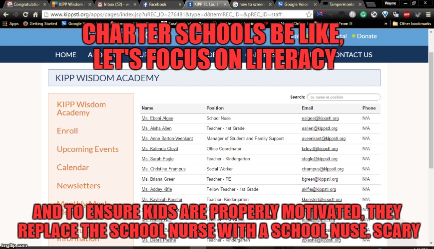 Charter Schools be like ... | CHARTER SCHOOLS BE LIKE, LET'S FOCUS ON LITERACY; AND TO ENSURE KIDS ARE PROPERLY MOTIVATED, THEY REPLACE THE SCHOOL NURSE WITH A SCHOOL NUSE. SCARY | image tagged in memes,unhelpful high school teacher,scary,public,donald trump | made w/ Imgflip meme maker