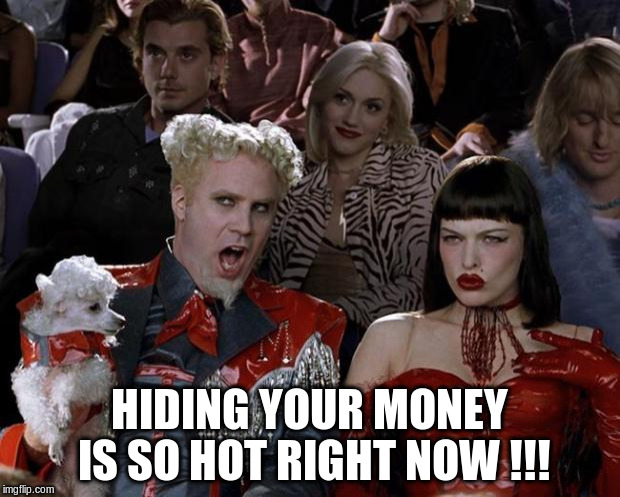 Mugatu So Hot Right Now | HIDING YOUR MONEY IS SO HOT RIGHT NOW !!! | image tagged in memes,mugatu so hot right now | made w/ Imgflip meme maker