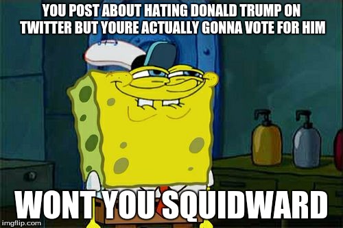 I h8 dt | YOU POST ABOUT HATING DONALD TRUMP ON TWITTER BUT YOURE ACTUALLY GONNA VOTE FOR HIM; WONT YOU SQUIDWARD | image tagged in memes,dont you squidward,donald trump | made w/ Imgflip meme maker