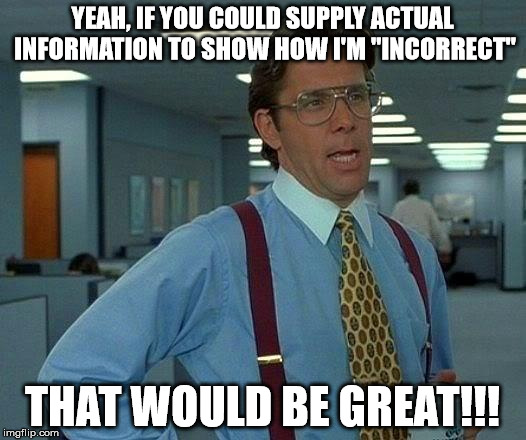 That Would Be Great | YEAH, IF YOU COULD SUPPLY ACTUAL INFORMATION TO SHOW HOW I'M "INCORRECT"; THAT WOULD BE GREAT!!! | image tagged in memes,that would be great | made w/ Imgflip meme maker