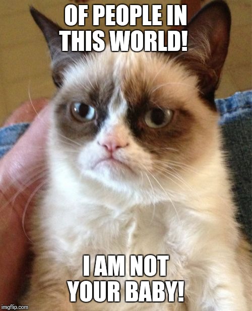 Grumpy Cat Meme | OF PEOPLE IN THIS WORLD! I AM NOT YOUR BABY! | image tagged in memes,grumpy cat | made w/ Imgflip meme maker