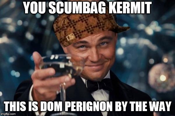 Leonardo Dicaprio Cheers Meme | YOU SCUMBAG KERMIT THIS IS DOM PERIGNON BY THE WAY | image tagged in memes,leonardo dicaprio cheers,scumbag | made w/ Imgflip meme maker