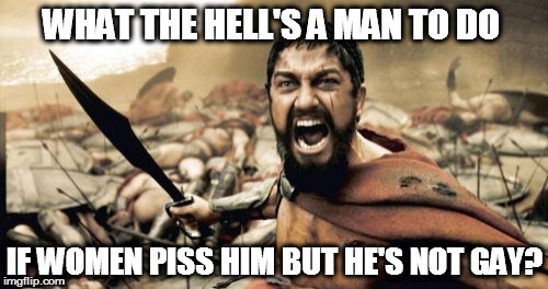 Sparta Leonidas Meme | WHAT THE HELL'S A MAN TO DO; IF WOMEN PISS HIM BUT HE'S NOT GAY? | image tagged in memes,sparta leonidas | made w/ Imgflip meme maker