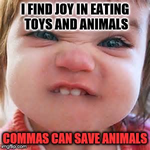 created by: Amaya White | I FIND JOY IN EATING TOYS AND ANIMALS; COMMAS CAN SAVE ANIMALS | image tagged in punctuation | made w/ Imgflip meme maker