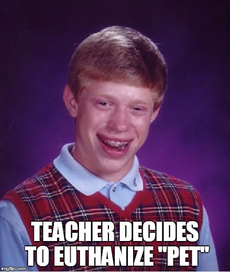 Bad Luck Brian Meme | TEACHER DECIDES TO EUTHANIZE "PET" | image tagged in memes,bad luck brian | made w/ Imgflip meme maker
