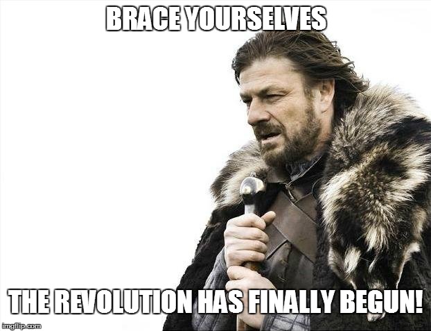 Brace Yourselves X is Coming Meme | BRACE YOURSELVES THE REVOLUTION HAS FINALLY BEGUN! | image tagged in memes,brace yourselves x is coming | made w/ Imgflip meme maker