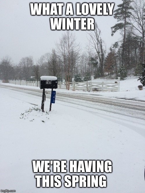 Springter wonderland  |  WHAT A LOVELY WINTER; WE'RE HAVING THIS SPRING | image tagged in winter storm,spring forward | made w/ Imgflip meme maker