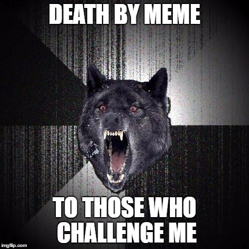 Insanity Wolf Meme | DEATH BY MEME; TO THOSE WHO CHALLENGE ME | image tagged in memes,insanity wolf | made w/ Imgflip meme maker
