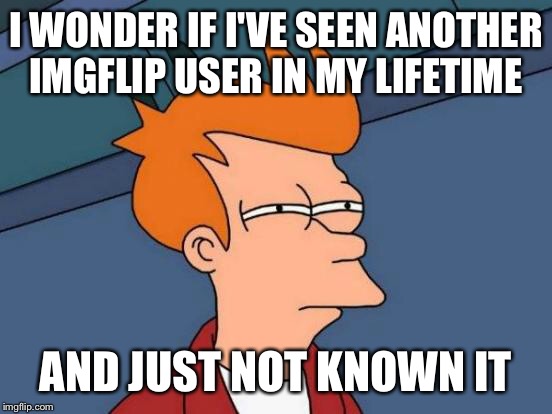 Futurama Fry | I WONDER IF I'VE SEEN ANOTHER IMGFLIP USER IN MY LIFETIME; AND JUST NOT KNOWN IT | image tagged in memes,futurama fry | made w/ Imgflip meme maker