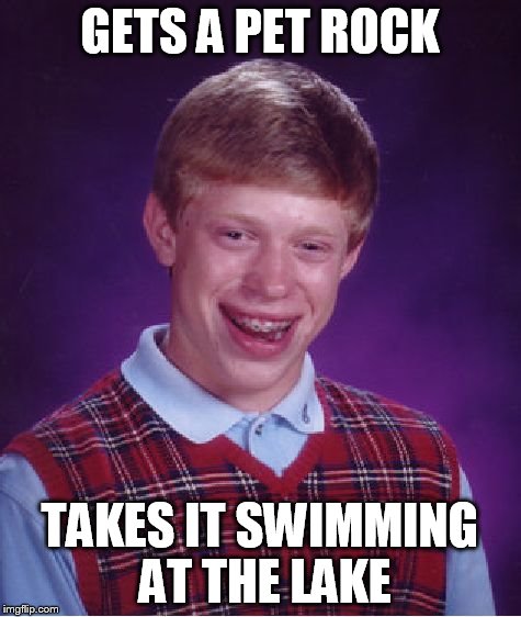 Bad Luck Brian Meme | GETS A PET ROCK TAKES IT SWIMMING AT THE LAKE | image tagged in memes,bad luck brian | made w/ Imgflip meme maker
