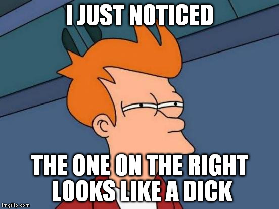 Futurama Fry Meme | I JUST NOTICED THE ONE ON THE RIGHT LOOKS LIKE A DICK | image tagged in memes,futurama fry | made w/ Imgflip meme maker