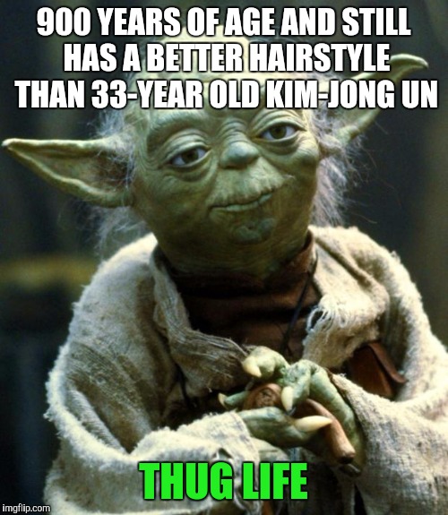 Star Wars Yoda | 900 YEARS OF AGE AND STILL HAS A BETTER HAIRSTYLE THAN 33-YEAR OLD KIM-JONG UN; THUG LIFE | image tagged in memes,star wars yoda | made w/ Imgflip meme maker