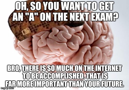 Scumbag Brain | OH, SO YOU WANT TO GET AN "A" ON THE NEXT EXAM? BRO, THERE IS SO MUCH ON THE INTERNET TO BE ACCOMPLISHED. THAT IS FAR MORE IMPORTANT THAN YOUR FUTURE. | image tagged in memes,scumbag brain | made w/ Imgflip meme maker