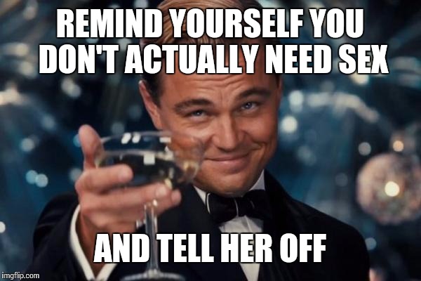 Leonardo Dicaprio Cheers Meme | REMIND YOURSELF YOU DON'T ACTUALLY NEED SEX AND TELL HER OFF | image tagged in memes,leonardo dicaprio cheers | made w/ Imgflip meme maker