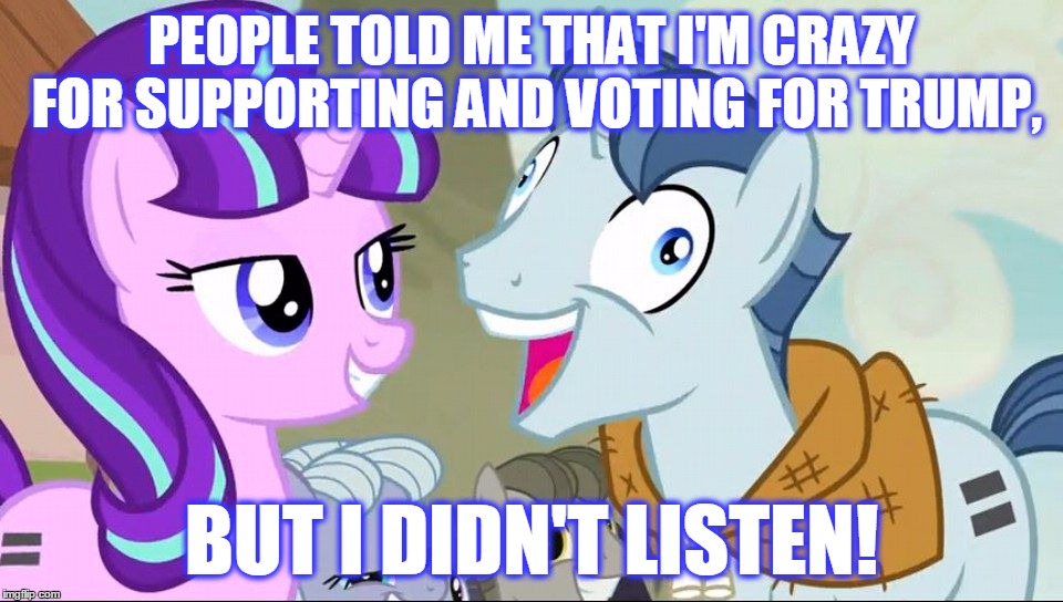 I Do Not Support Donald Trump, I'm Just Trying To Imagine What Kind Of Stupid Face They Would Make Trying To Prove Their Point. | PEOPLE TOLD ME THAT I'M CRAZY FOR SUPPORTING AND VOTING FOR TRUMP, BUT I DIDN'T LISTEN! | image tagged in i didn't listen,memes,mlp,my little pony,donald trump,animals | made w/ Imgflip meme maker