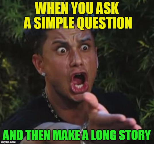 DJ Pauly D | WHEN YOU ASK A SIMPLE QUESTION; AND THEN MAKE A LONG STORY | image tagged in memes,dj pauly d | made w/ Imgflip meme maker