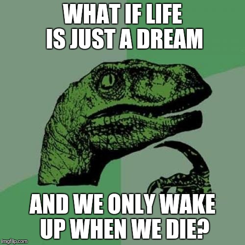 Philosoraptor | WHAT IF LIFE IS JUST A DREAM; AND WE ONLY WAKE UP WHEN WE DIE? | image tagged in memes,philosoraptor | made w/ Imgflip meme maker