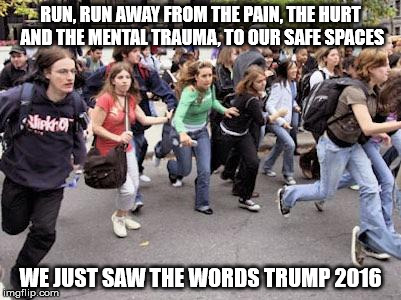 Running Students | RUN, RUN AWAY FROM THE PAIN, THE HURT AND THE MENTAL TRAUMA, TO OUR SAFE SPACES; WE JUST SAW THE WORDS TRUMP 2016 | image tagged in running students | made w/ Imgflip meme maker
