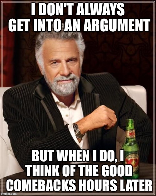 The Most Interesting Man In The World | I DON'T ALWAYS GET INTO AN ARGUMENT; BUT WHEN I DO, I THINK OF THE GOOD COMEBACKS HOURS LATER | image tagged in memes,the most interesting man in the world | made w/ Imgflip meme maker