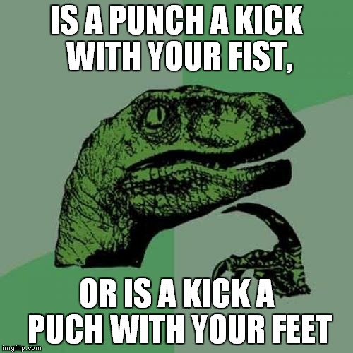 Philosoraptor Meme | IS A PUNCH A KICK WITH YOUR FIST, OR IS A KICK A PUCH WITH YOUR FEET | image tagged in memes,philosoraptor | made w/ Imgflip meme maker