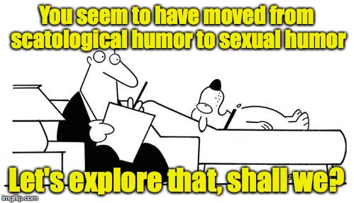 You seem to have moved from scatological humor to sexual humor Let's explore that, shall we? | made w/ Imgflip meme maker