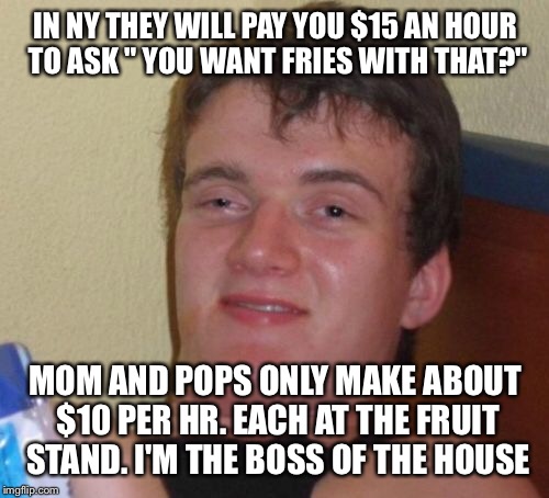 10 Guy Meme | IN NY THEY WILL PAY YOU $15 AN HOUR TO ASK " YOU WANT FRIES WITH THAT?" MOM AND POPS ONLY MAKE ABOUT $10 PER HR. EACH AT THE FRUIT STAND. I' | image tagged in memes,10 guy | made w/ Imgflip meme maker