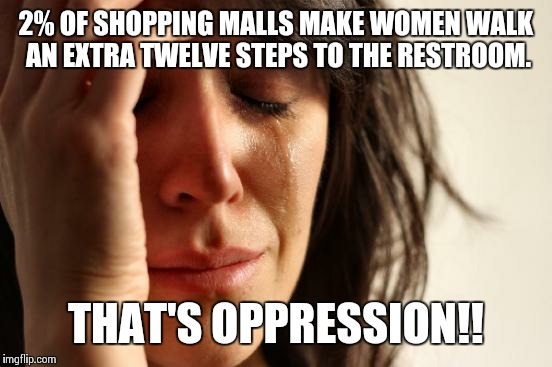 First World Problems | 2% OF SHOPPING MALLS MAKE WOMEN WALK AN EXTRA TWELVE STEPS TO THE RESTROOM. THAT'S OPPRESSION!! | image tagged in memes,first world problems | made w/ Imgflip meme maker