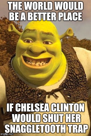 Smiling Shrek | THE WORLD WOULD BE A BETTER PLACE; IF CHELSEA CLINTON WOULD SHUT HER SNAGGLETOOTH TRAP | image tagged in smiling shrek,memes | made w/ Imgflip meme maker