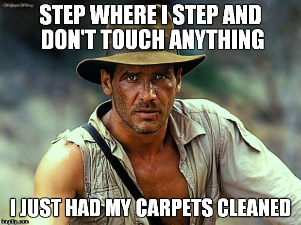 Indiana Jones | STEP WHERE I STEP AND DON'T TOUCH ANYTHING; I JUST HAD MY CARPETS CLEANED | image tagged in indiana jones | made w/ Imgflip meme maker