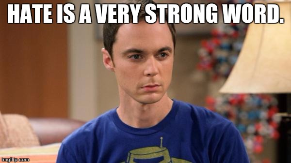 Sheldon Logic | HATE IS A VERY STRONG WORD. | image tagged in sheldon logic | made w/ Imgflip meme maker