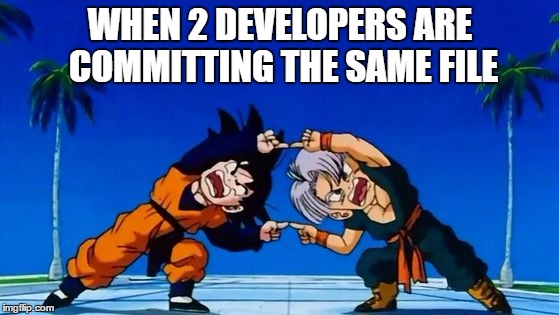 DBZ Fusion | WHEN 2 DEVELOPERS ARE COMMITTING THE SAME FILE | image tagged in dbz fusion | made w/ Imgflip meme maker