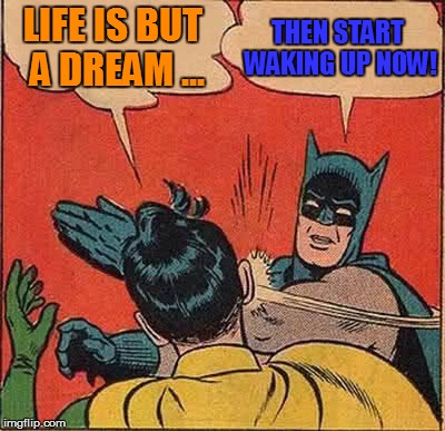 Batman Slapping Robin Meme | LIFE IS BUT A DREAM ... THEN START WAKING UP NOW! | image tagged in memes,batman slapping robin | made w/ Imgflip meme maker