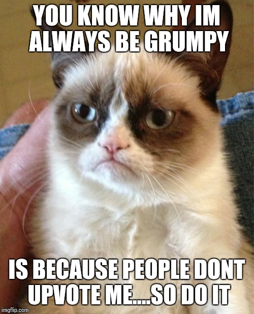 Grumpy Cat Meme | YOU KNOW WHY IM ALWAYS BE GRUMPY; IS BECAUSE PEOPLE DONT UPVOTE ME....SO DO IT | image tagged in memes,grumpy cat | made w/ Imgflip meme maker