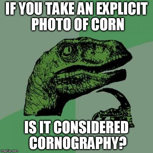The questions that keep me up at night. | IF YOU TAKE AN EXPLICIT PHOTO OF CORN; IS IT CONSIDERED CORNOGRAPHY? | image tagged in memes,philosoraptor,corn | made w/ Imgflip meme maker