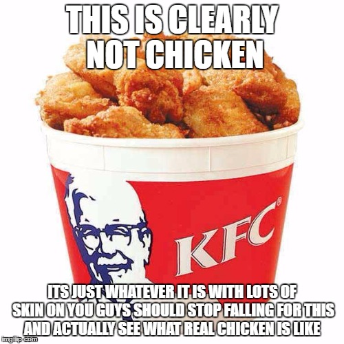 KFC Bucket |  THIS IS CLEARLY NOT CHICKEN; ITS JUST WHATEVER IT IS WITH LOTS OF SKIN ON YOU GUYS SHOULD STOP FALLING FOR THIS AND ACTUALLY SEE WHAT REAL CHICKEN IS LIKE | image tagged in kfc bucket | made w/ Imgflip meme maker