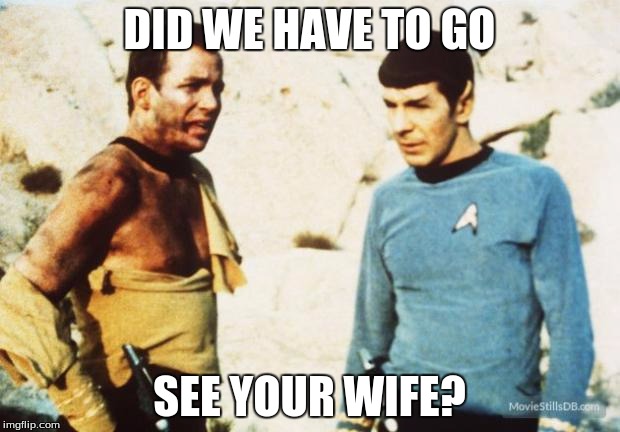 Beat up Captain Kirk | DID WE HAVE TO GO; SEE YOUR WIFE? | image tagged in beat up captain kirk | made w/ Imgflip meme maker