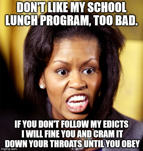 Michelle Obama Lookalike | DON'T LIKE MY SCHOOL LUNCH PROGRAM, TOO BAD. IF YOU DON'T FOLLOW MY EDICTS I WILL FINE YOU AND CRAM IT DOWN YOUR THROATS UNTIL YOU OBEY | image tagged in michelle obama lookalike | made w/ Imgflip meme maker