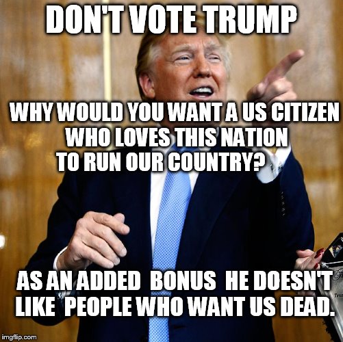 Donald Trump | DON'T VOTE TRUMP; WHY WOULD YOU WANT A US CITIZEN WHO LOVES THIS NATION   TO RUN OUR COUNTRY? AS AN ADDED  BONUS
 HE DOESN'T LIKE  PEOPLE WHO WANT US DEAD. | image tagged in donald trump | made w/ Imgflip meme maker