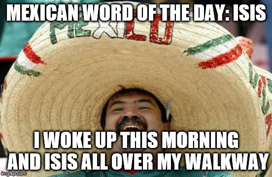 Happy Mexican | MEXICAN WORD OF THE DAY: ISIS; I WOKE UP THIS MORNING AND ISIS ALL OVER MY WALKWAY | image tagged in happy mexican | made w/ Imgflip meme maker