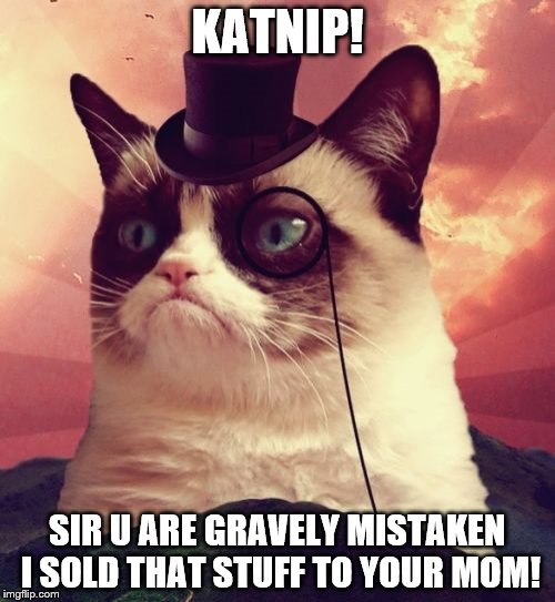 Grumpy Cat Top Hat Meme | KATNIP! SIR U ARE GRAVELY MISTAKEN I SOLD THAT STUFF TO YOUR MOM! | image tagged in memes,grumpy cat top hat,grumpy cat | made w/ Imgflip meme maker
