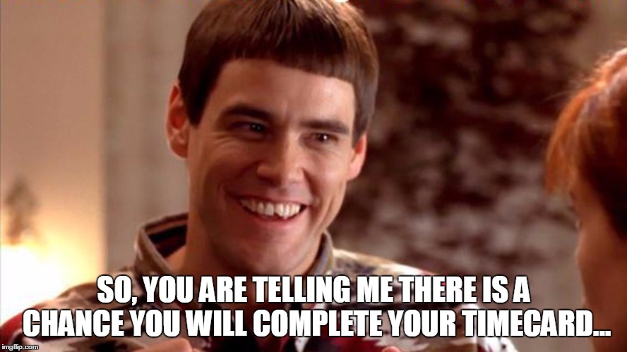 Dumb and Dumber | SO, YOU ARE TELLING ME THERE IS A CHANCE YOU WILL COMPLETE YOUR TIMECARD... | image tagged in dumb and dumber | made w/ Imgflip meme maker