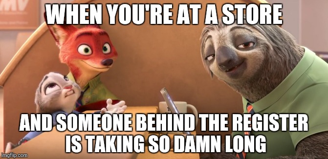 All Cashiers are Freaking Sloths | WHEN YOU'RE AT A STORE; AND SOMEONE BEHIND THE REGISTER IS TAKING SO DAMN LONG | image tagged in zootopia sloth | made w/ Imgflip meme maker