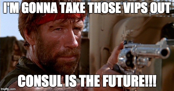 I'M GONNA TAKE THOSE VIPS OUT; CONSUL IS THE FUTURE!!! | image tagged in consul | made w/ Imgflip meme maker