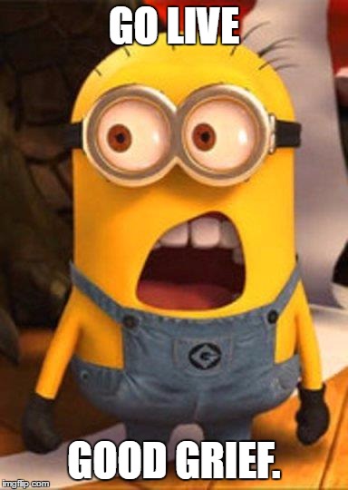 Minion Overwhelmed | GO LIVE; GOOD GRIEF. | image tagged in minion overwhelmed | made w/ Imgflip meme maker