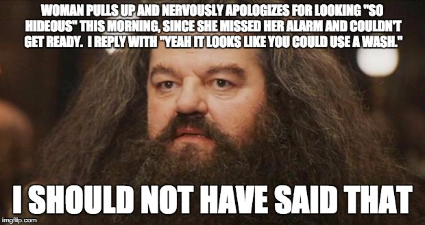 Hagrid | WOMAN PULLS UP AND NERVOUSLY APOLOGIZES FOR LOOKING "SO HIDEOUS" THIS MORNING, SINCE SHE MISSED HER ALARM AND COULDN'T GET READY.  I REPLY WITH "YEAH IT LOOKS LIKE YOU COULD USE A WASH."; I SHOULD NOT HAVE SAID THAT | image tagged in hagrid,AdviceAnimals | made w/ Imgflip meme maker