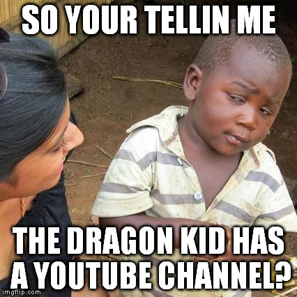 Third World Skeptical Kid Meme | SO YOUR TELLIN ME THE DRAGON KID HAS A YOUTUBE CHANNEL? | image tagged in memes,third world skeptical kid | made w/ Imgflip meme maker