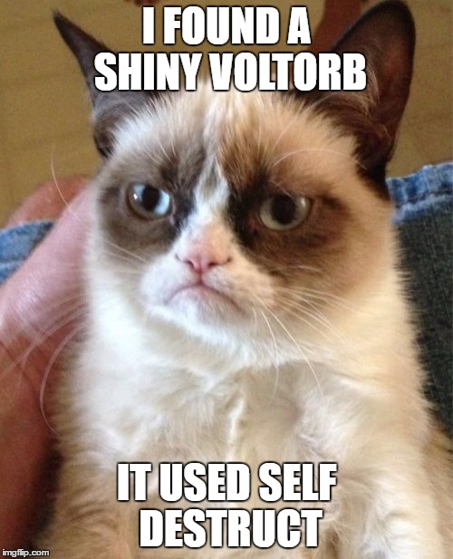 Grumpy Cat | I FOUND A SHINY VOLTORB; IT USED SELF DESTRUCT | image tagged in memes,grumpy cat | made w/ Imgflip meme maker